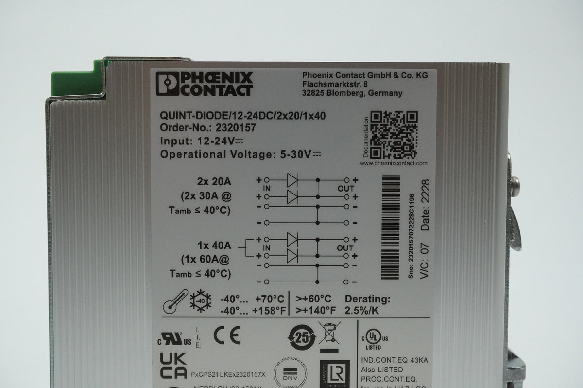 Phoenix Contact 2320157 QUINT-DIODE/12-24DC/2x20/1x40 DIN Rail Diode Module