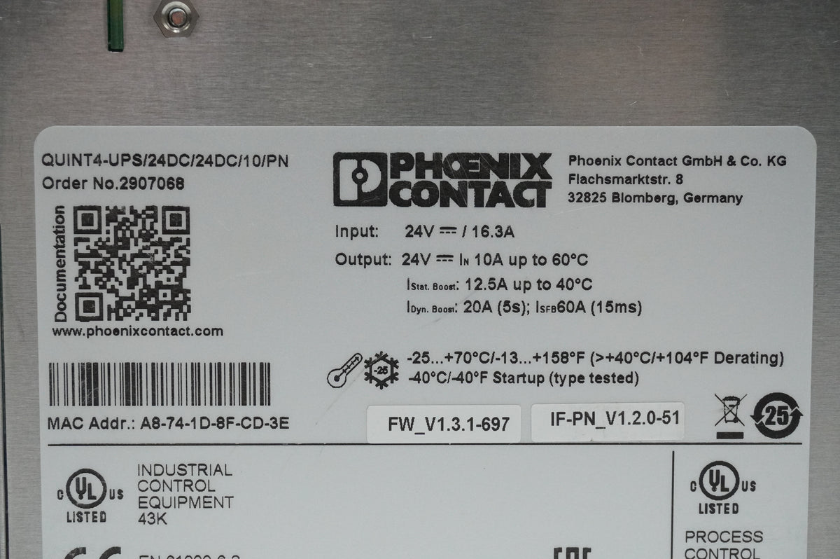 Phoenix Contact 2907068 QUINT4-UPS/24DC/24DC/10/PN Uninterruptible Power Supply