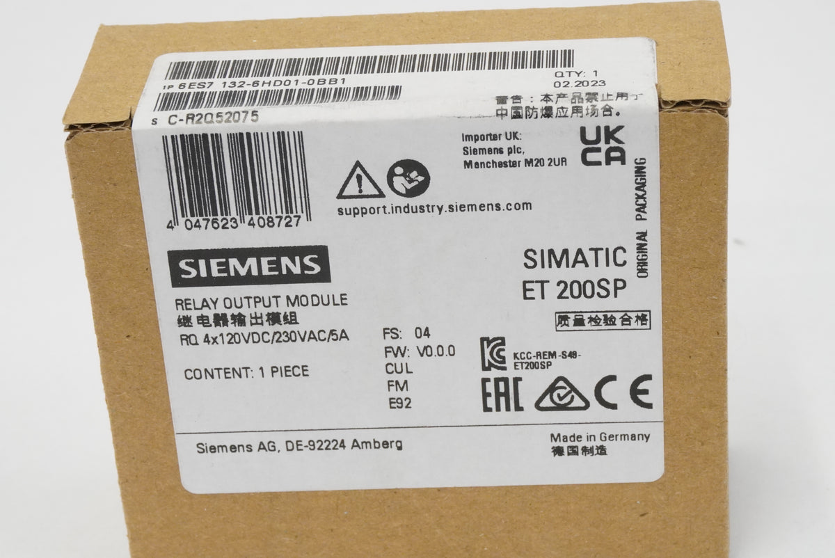 Siemens 6ES7132-6HD01-0BB1 SIMATIC ET 200SP Relay Module, RQ NO 4x 120V DC