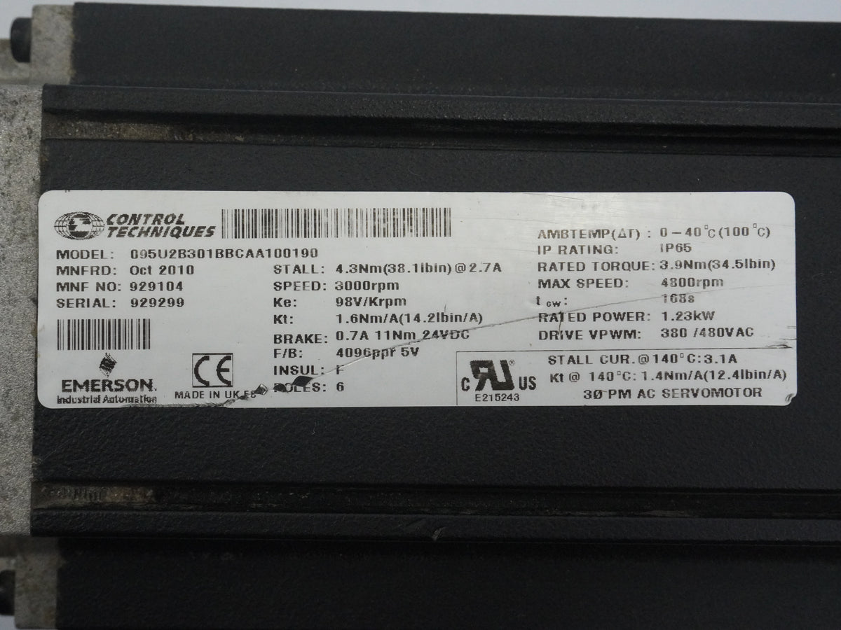 Control Techniques 095U2B301BBCAA100190 3Ø PM AC Servomotor