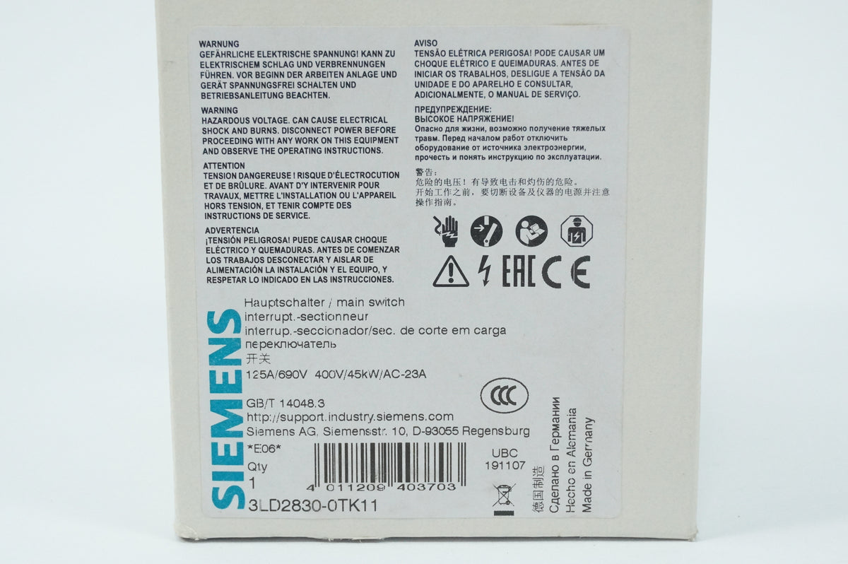 Siemens 3LD2830-0TK11 Main Switch / Load Break Switch 125A/690V
