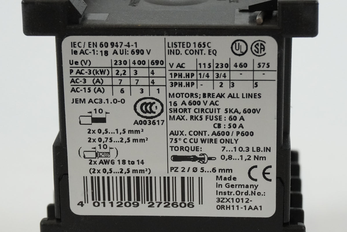 Siemens 3RT1015-1JB41 Contactor AC-3 3kW 400V 1S 1NO