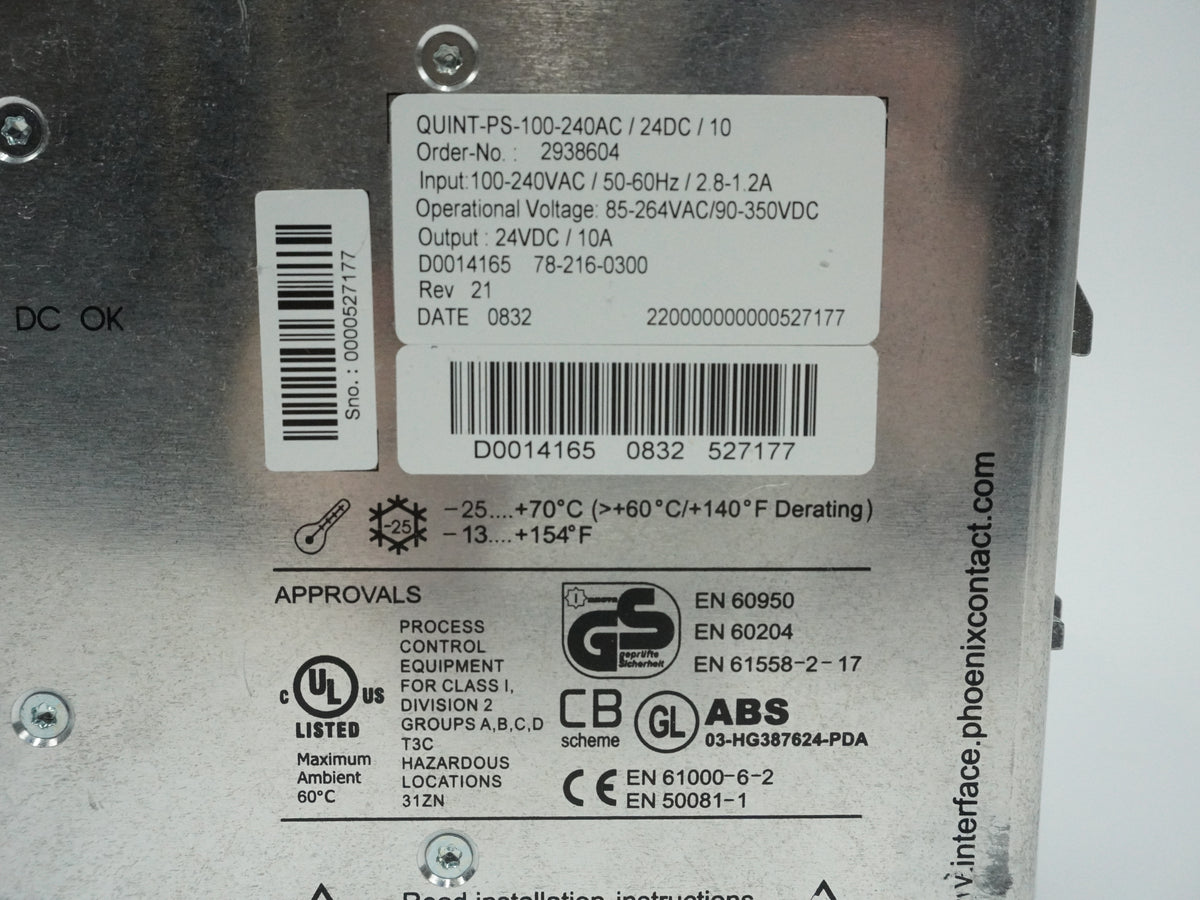 Phoenix Contact 2938604 QUINT-PS-100-240AC/24DC/10 Power Supply