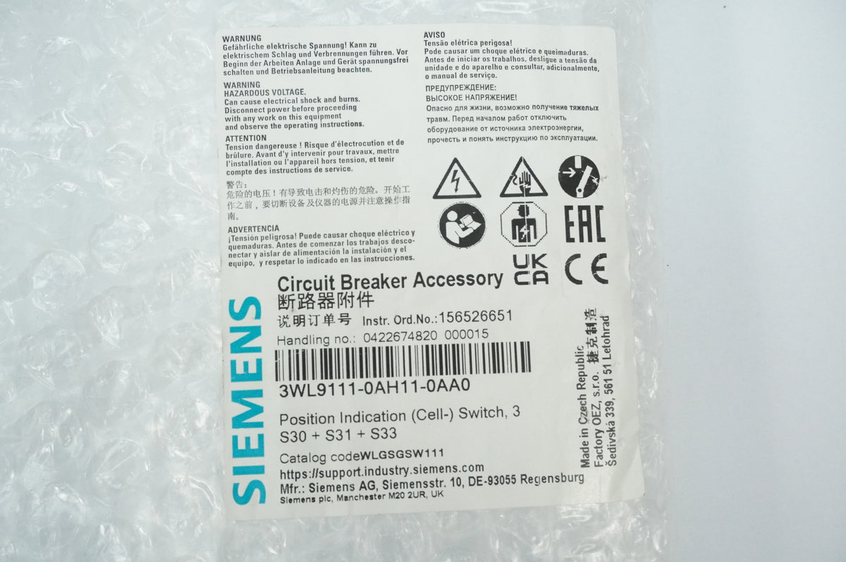 Siemens 3WL9111-0AH11-0AA0 Circuit Breaker Accessory