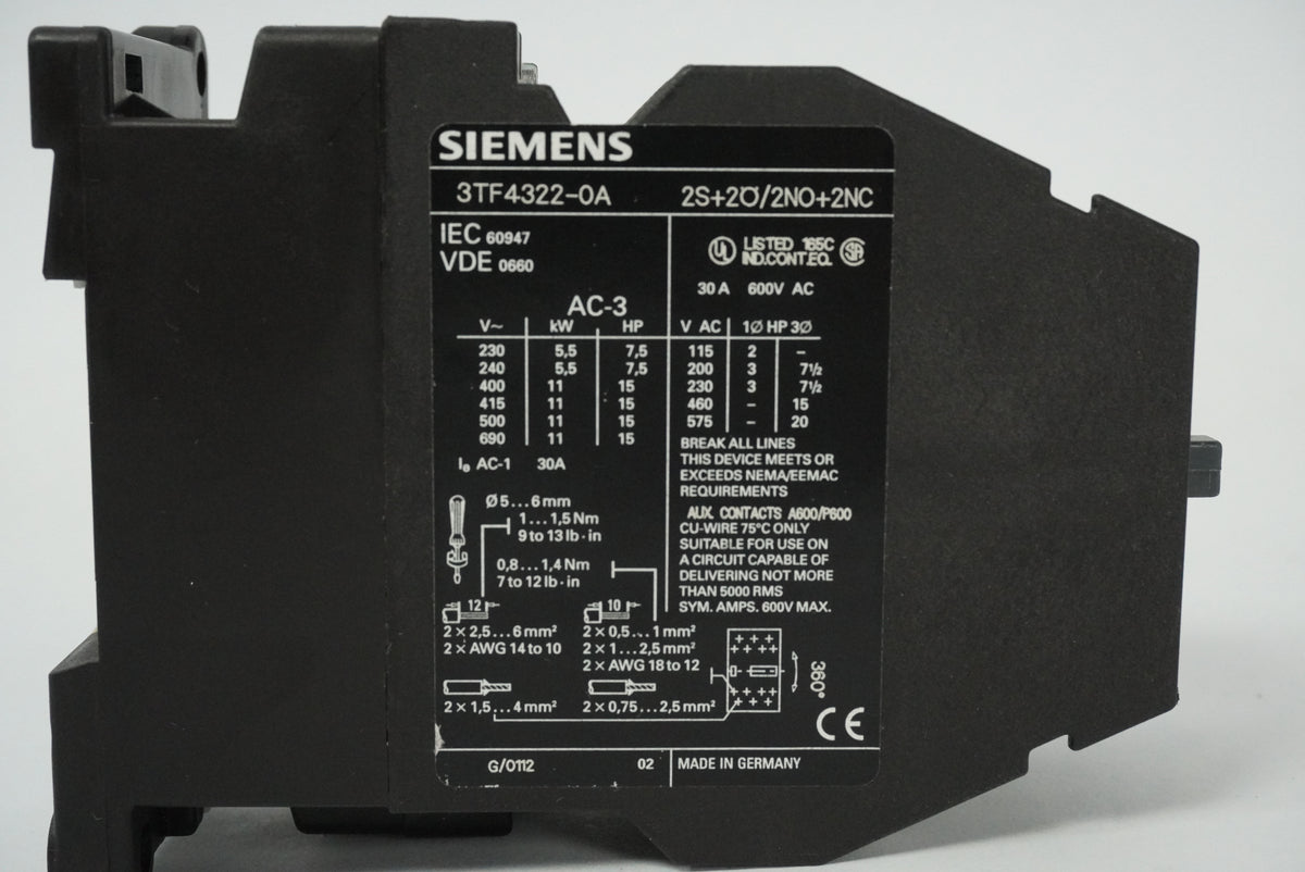 Siemens 3TF43 22-0AP0 3TF43 22-0A Contactor AC-3 11kW 400V