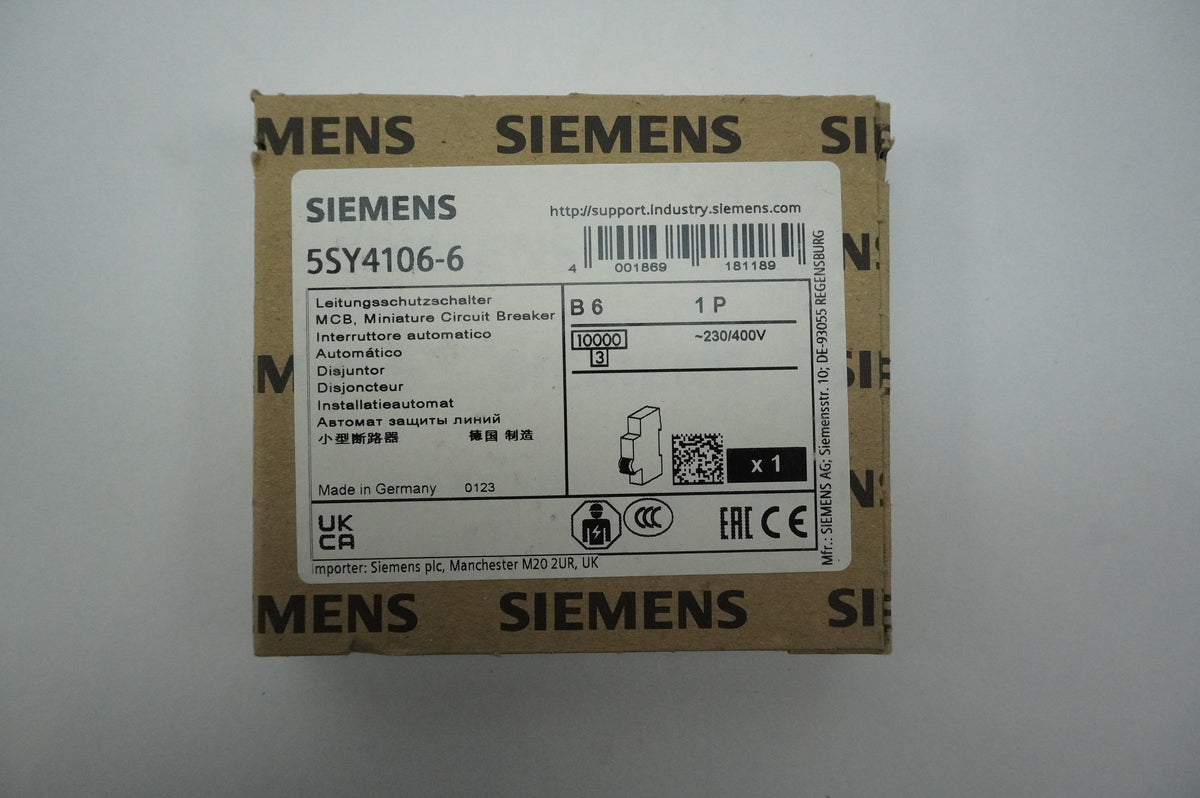 Siemens 5SY4106-6 MCB Miniature Circuit Breaker B6 1P Batch of 2pcs.