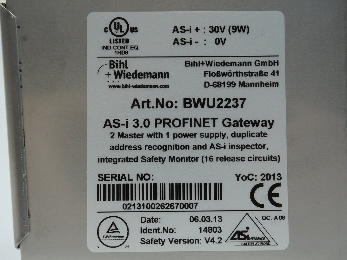 Bihl+Wiedemann BWU2237 AS-i 3.0 PROFINET Gateway 2 Master with Safety Monitor