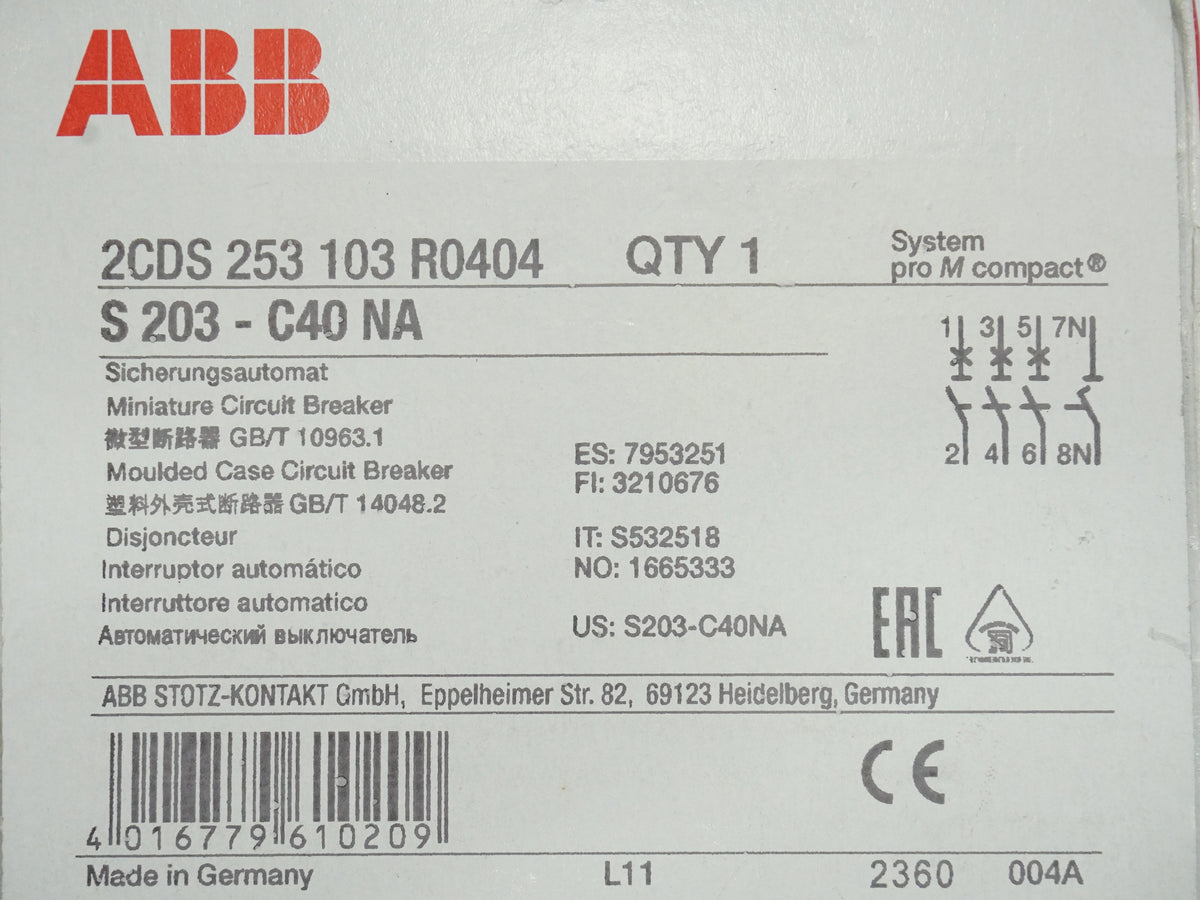Abb 2CDS 253 103 R0404 S 203-C40 NA Miniature Circuit Breaker System
