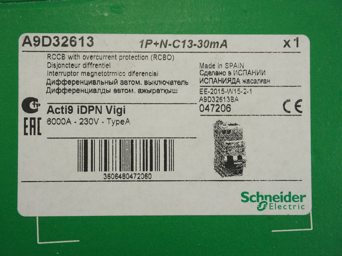 Schneider Electric A9D32613 Acti9 iDPN Vigi 1P+N-C13-30mA RCBO Circuit Breaker