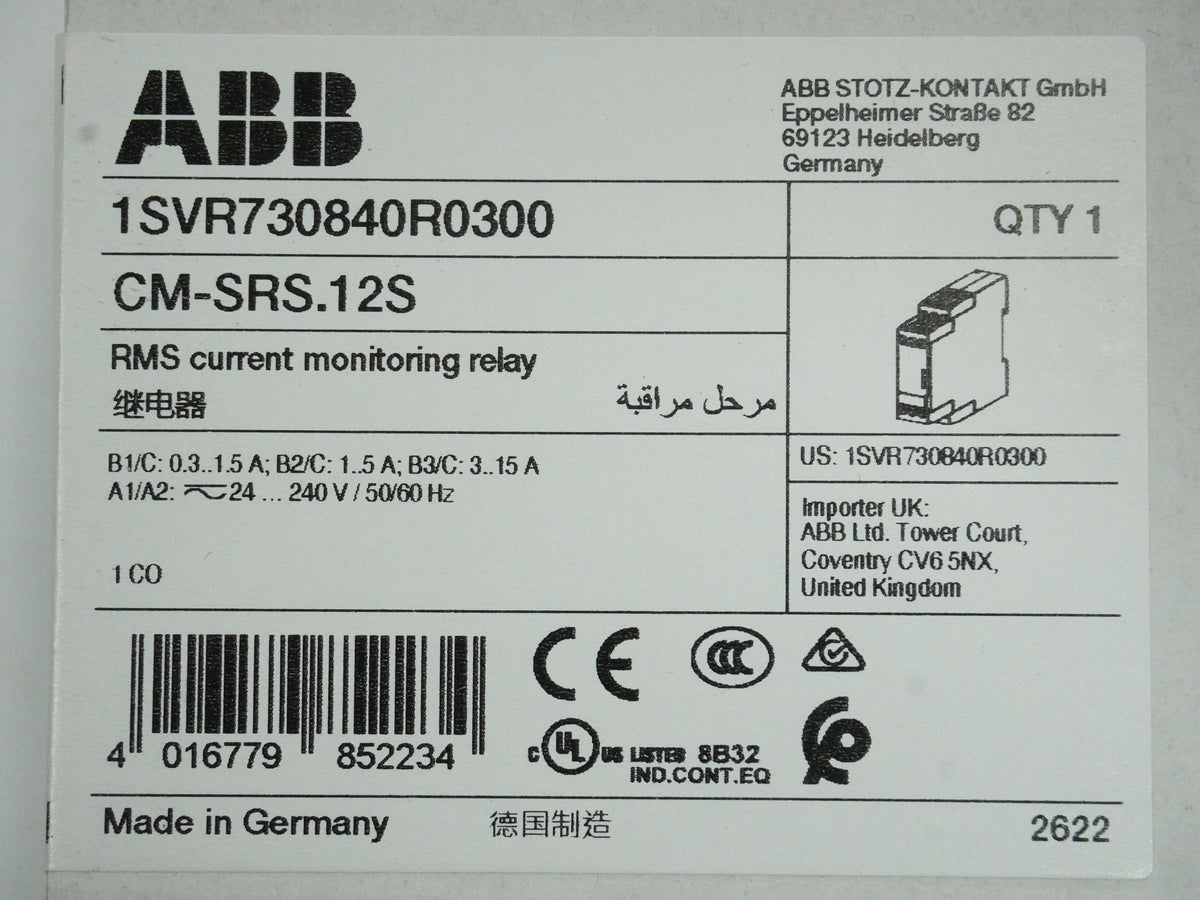 Abb 1SVR730840R0300 CM-SRS.12S RMS Current Monitoring Relay