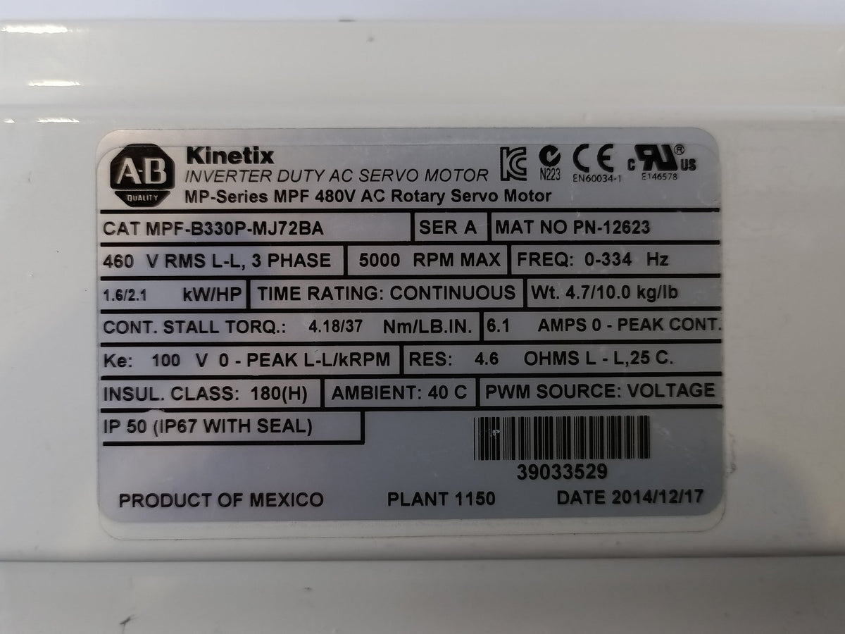 Ab MPF-B330P-MJ72BA Kinetix MP-Series MPF 480V AC Rotary Servo Motor Series A