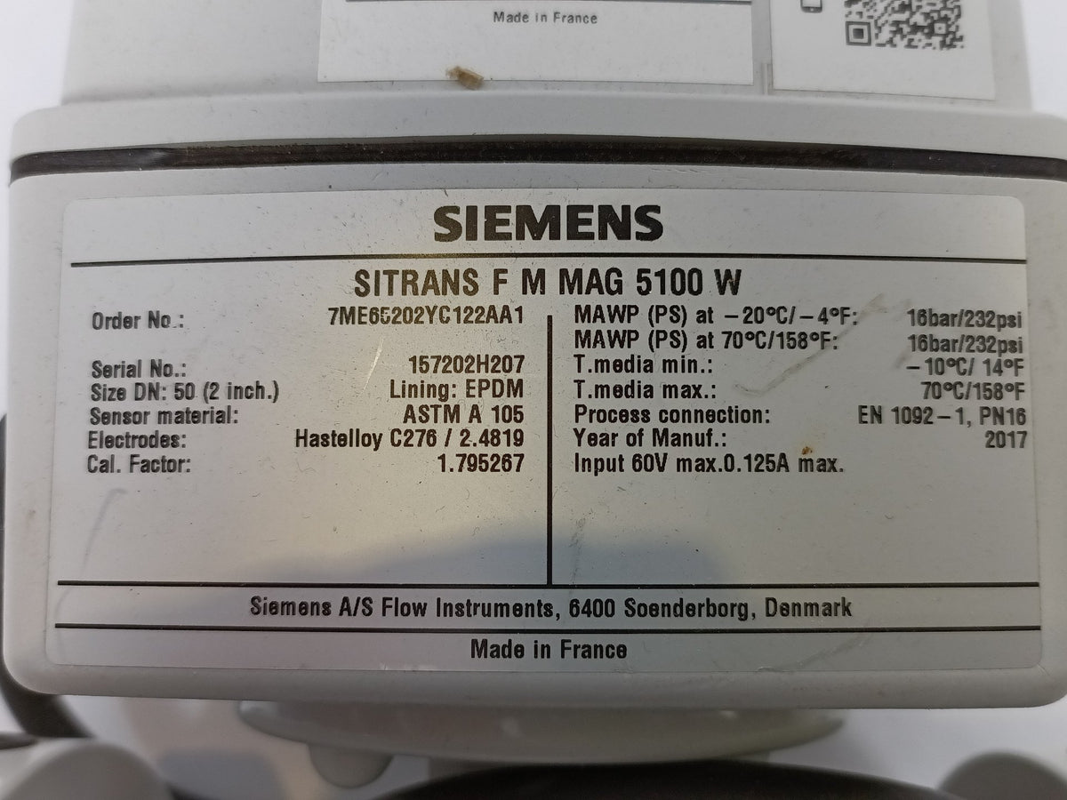 Siemens 7ME65202YC122AA1 Electromagnetic Flow Sensor W/ 7ME6910-1AA10-1AA0