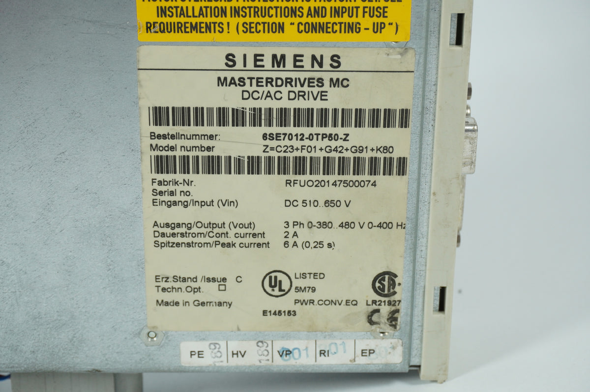 Siemens 6SE7012-0TP50-Z Masterdrives MC DC/AC Drive