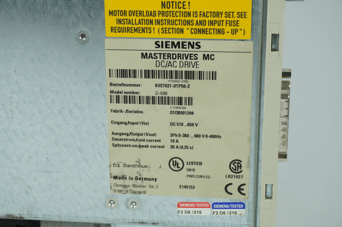 Siemens 6SE7021-0TP50-Z Masterdrives MC DC/AC Drive Z=K80