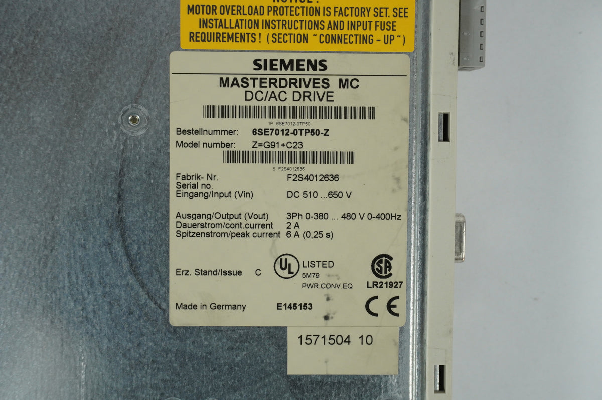 Siemens 6SE7012-0TP50-Z Masterdrives MC DC/AC Drive Z=G91+C23