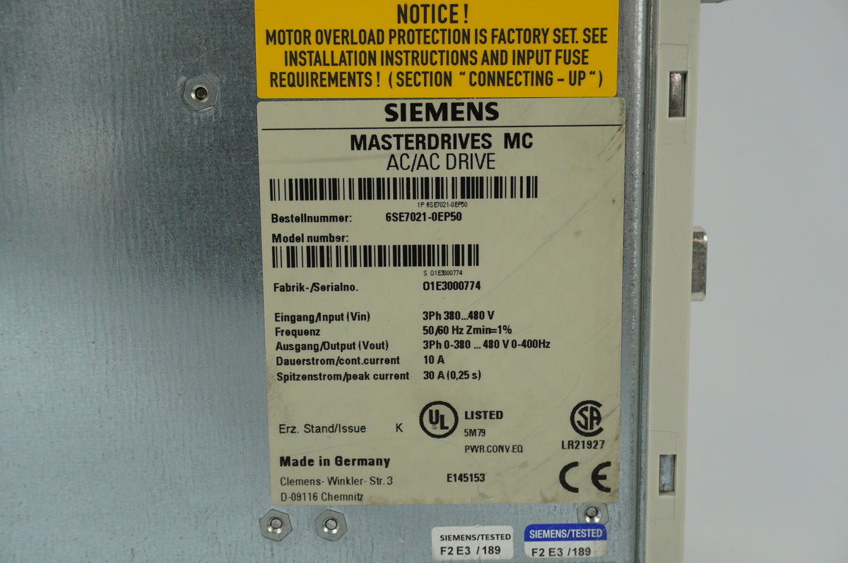 Siemens 6SE7021-0EP50 Masterdrives MC AC/AC Drive