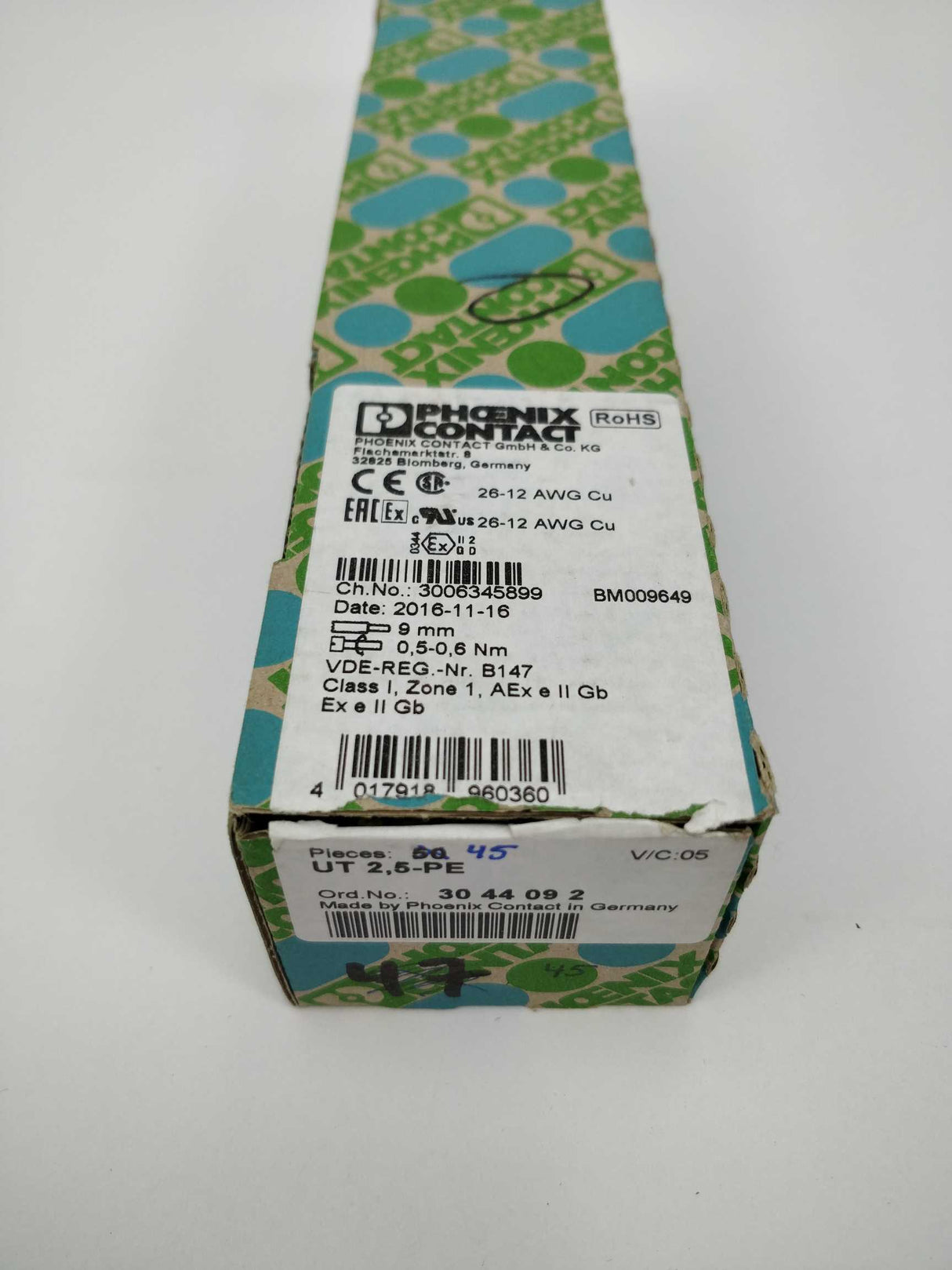 Phoenix 3044092 Ground modular terminal block UT 2,5-PE 45pcs