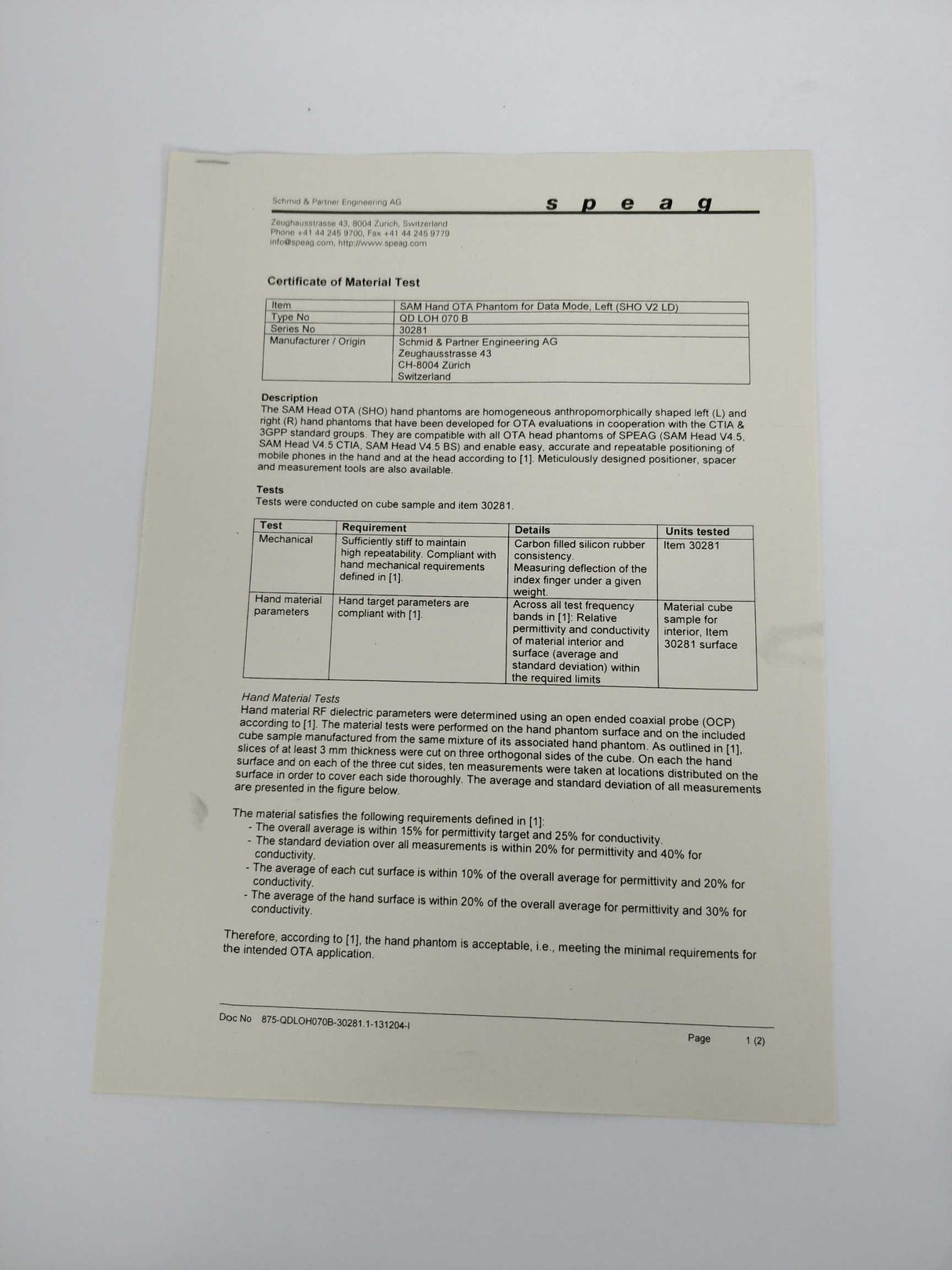 Schmid & Partner Engineering SHO V2RD & SHO V2LD SAM Phantom