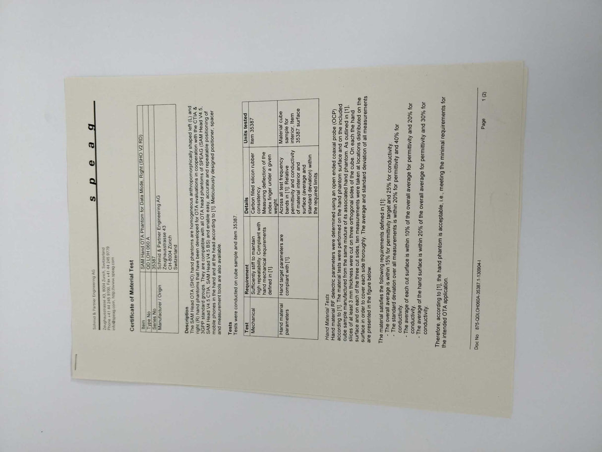 Schmid & Partner Engineering SHO V2RD & SHO V2LD SAM Phantom