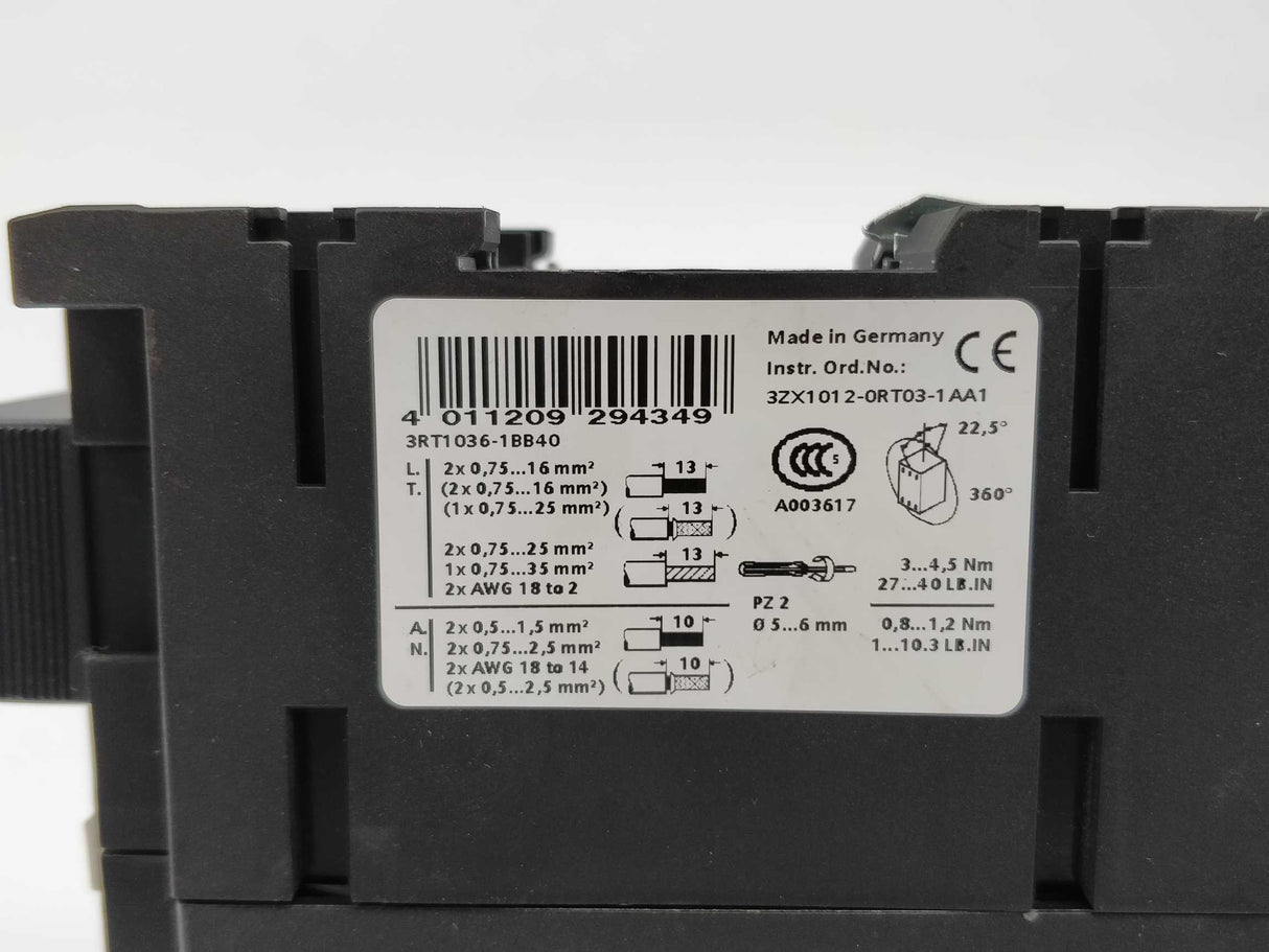 Siemens 3RT1036-1BB40 Power contactor 3RT1936-1CB00