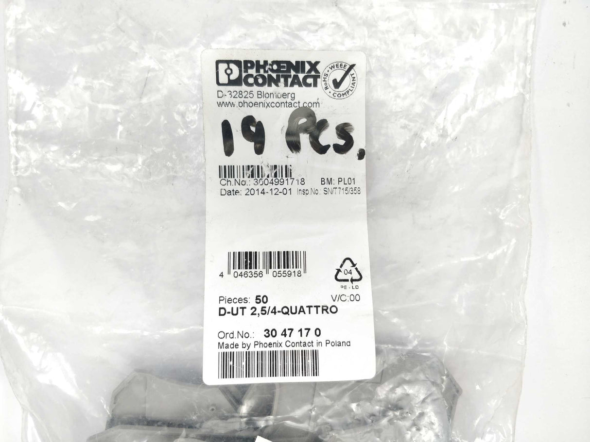 Phoenix Contact 3047170 Endplate - D-UT 2,5/4-QUATTRO 19 Pcs