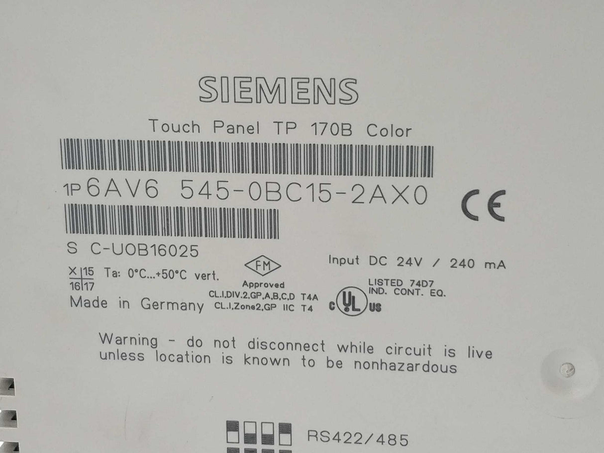 Siemens 6AV6545-0BC15-2AX0 Touch Panel TP170B Color