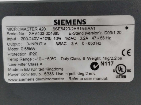 Siemens 6SE6420-2AB15-5AA1 Micromaster 420 AC Drive w/ 6SE6400-0BP00-0AA0
