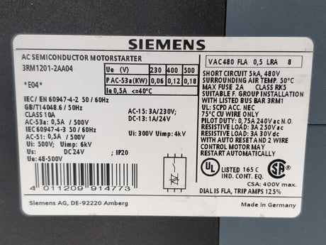 Siemens 3RM1201-2AA04 Reversing starter 0.1-0.5A, Not used, only mounted once