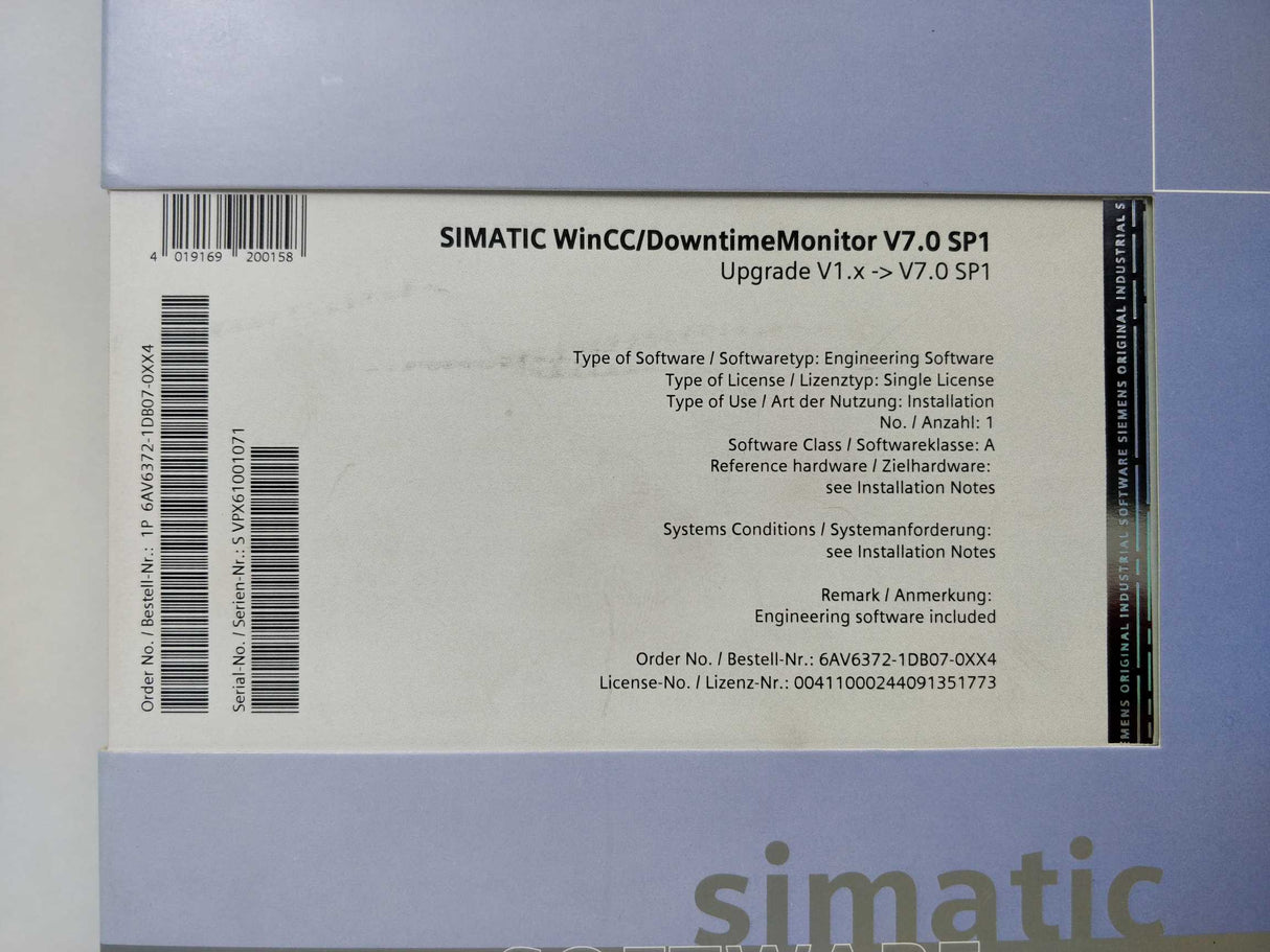 Siemens 6AV6372-1DB07-0XX4 SIMATIC WinCC / DowntimeMonitor V7.0 SP1