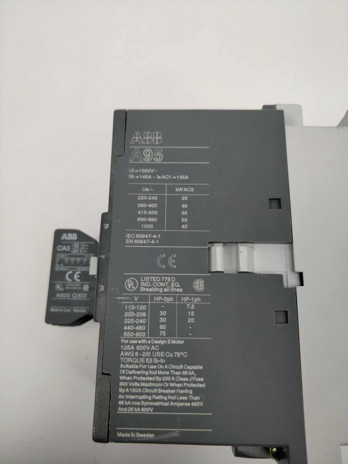 ABB A95-30-00-80 220VAC Coil 3-Phase Contactor With 2x CA5-10