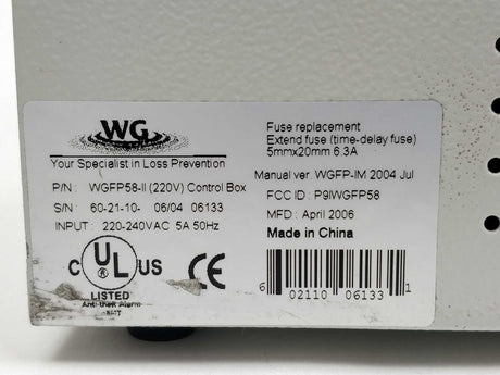 WG WGFP58-II (220V) Control Box Fuse Replacement 220-240VAC 5A 50Hz