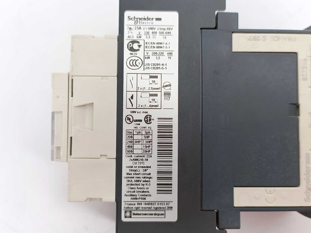 Schneider Electric LC1D253BD Contactor with LAD4TBDL