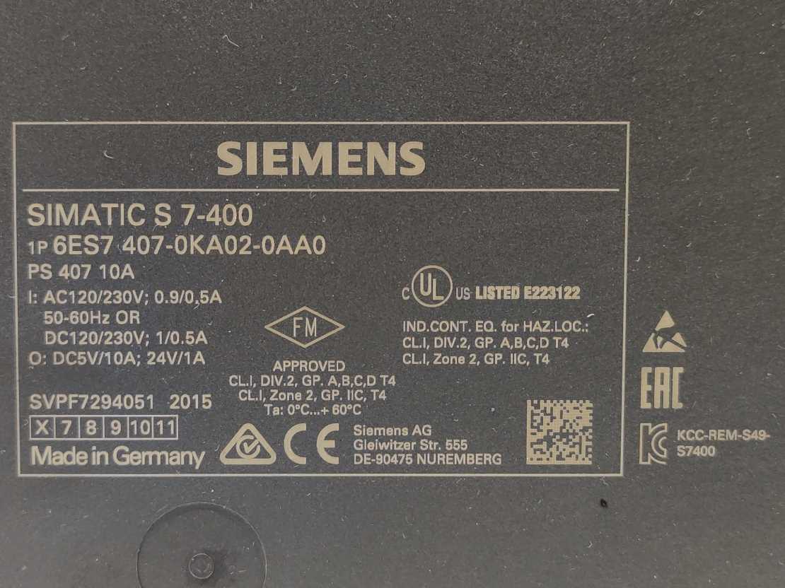 Siemens 6ES7407-0KA02-0AA0 SIMATIC S7-400 Power supply 10A