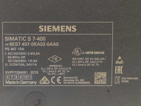 Siemens 6ES7407-0KA02-0AA0 SIMATIC S7-400 Power supply 10A