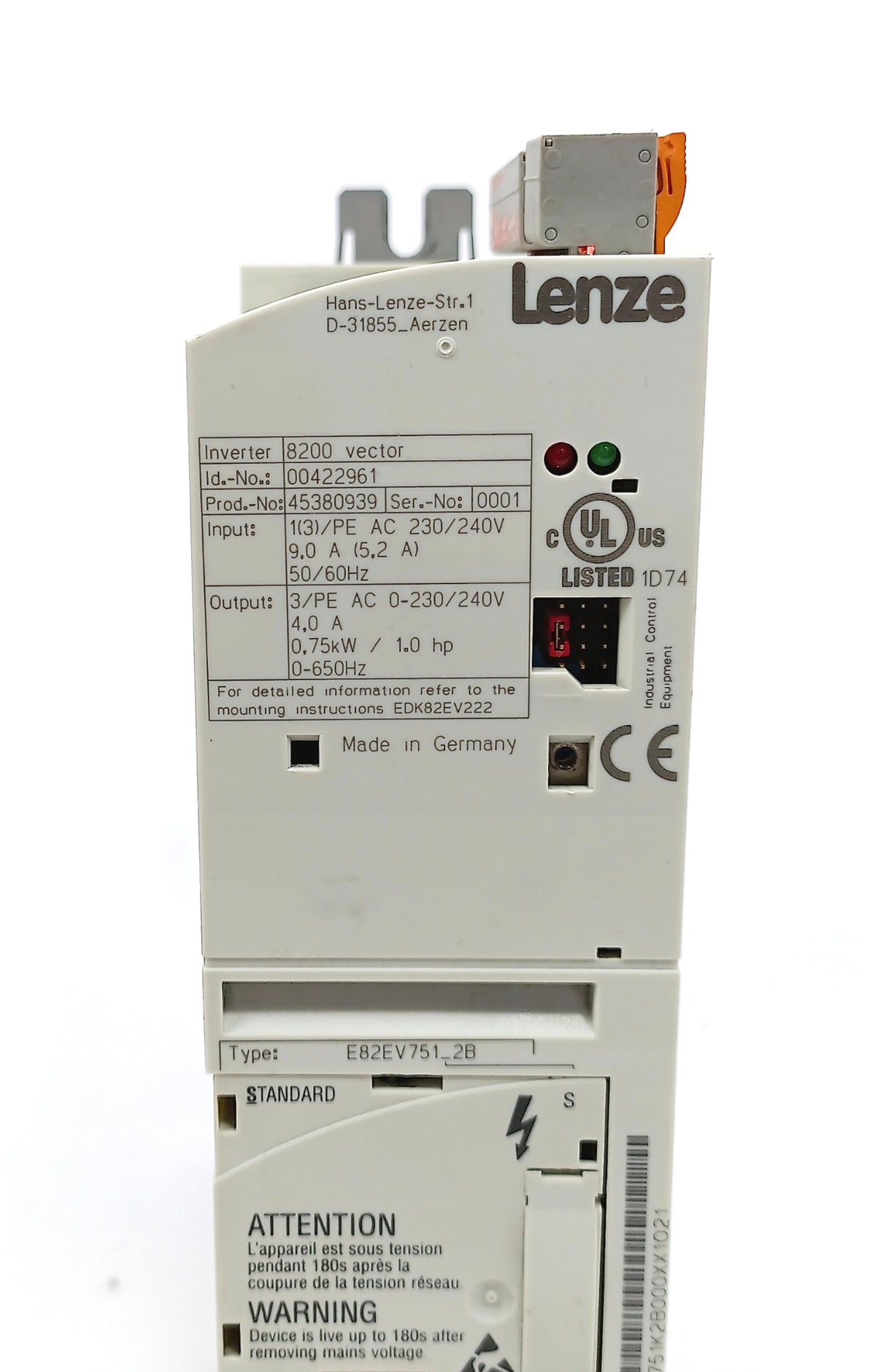 LENZE E82EV751S2B 00422961, 8200 VECTOR INVERTER