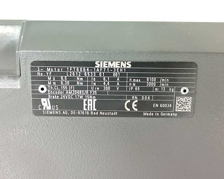 Siemens 1FT6064-1AF71-3EH1 SIMOTICS S synchronous servo motor