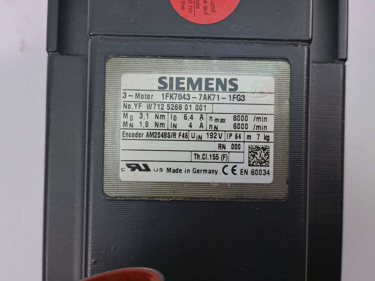 Siemens 1FK7043-7AK71-1FG3 Synchronous Servo Motor