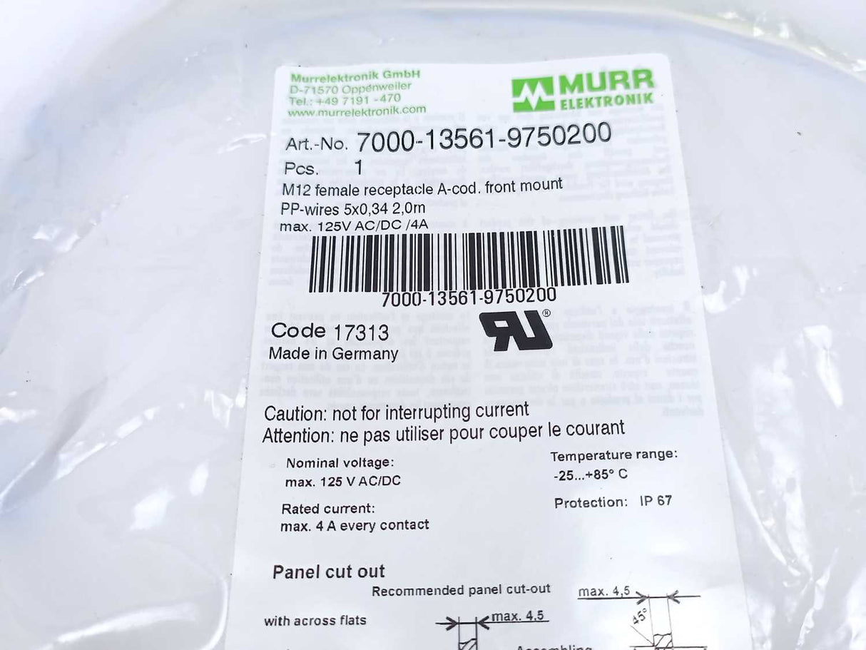 MURR Elektronik 7000-13561-9750200 M12 female receptacle. A-cod. front mount