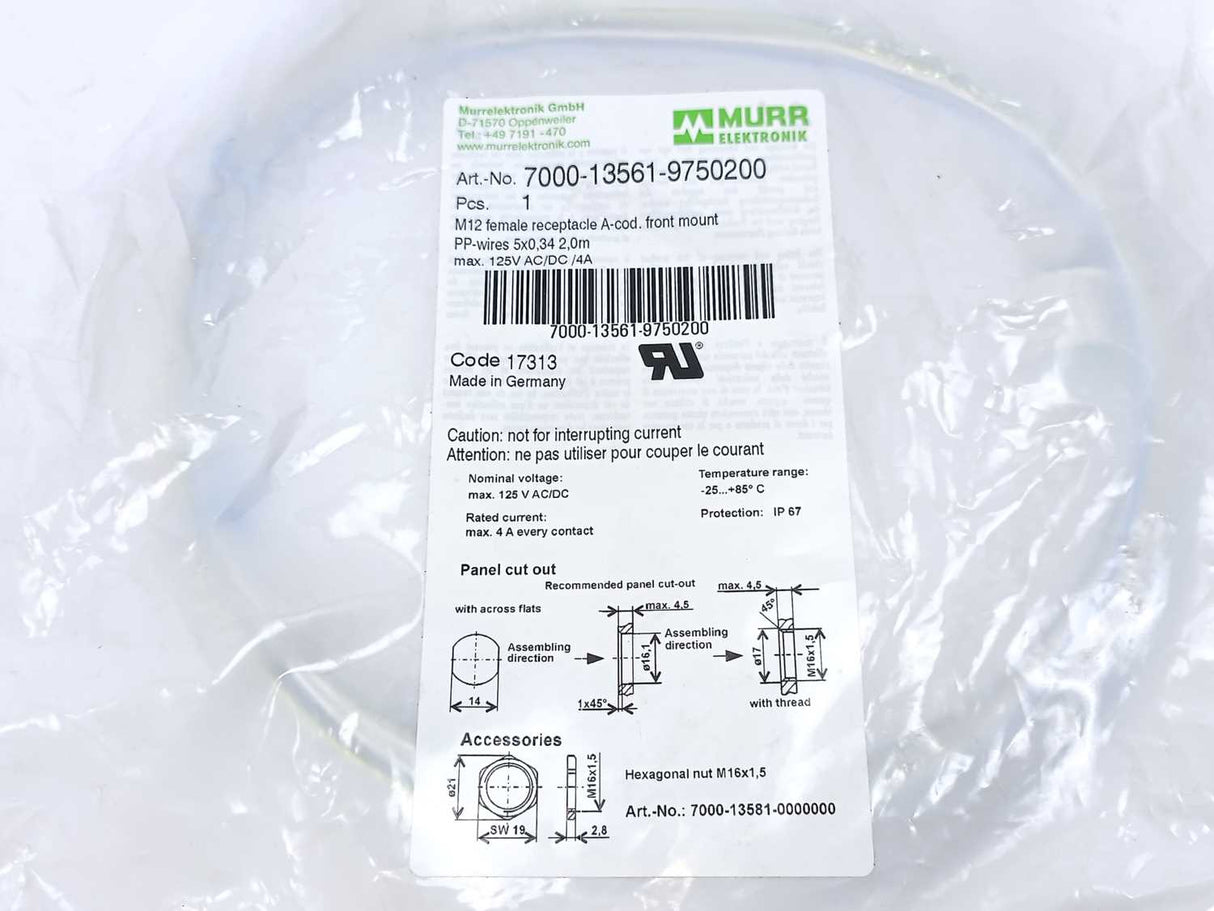 MURR Elektronik 7000-13561-9750200 M12 female receptacle. A-cod. front mount