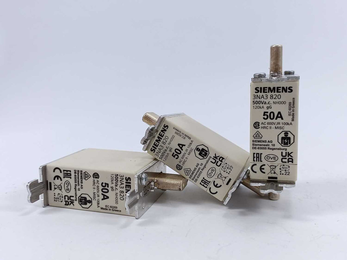 Siemens 3NA3820 LV HRC fuse element NH000 3pcs. 50A