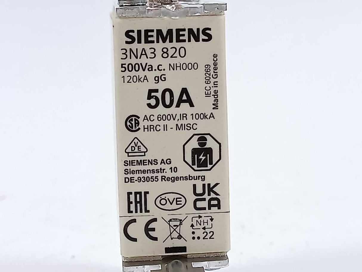 Siemens 3NA3820 LV HRC fuse element NH000 3pcs. 50A