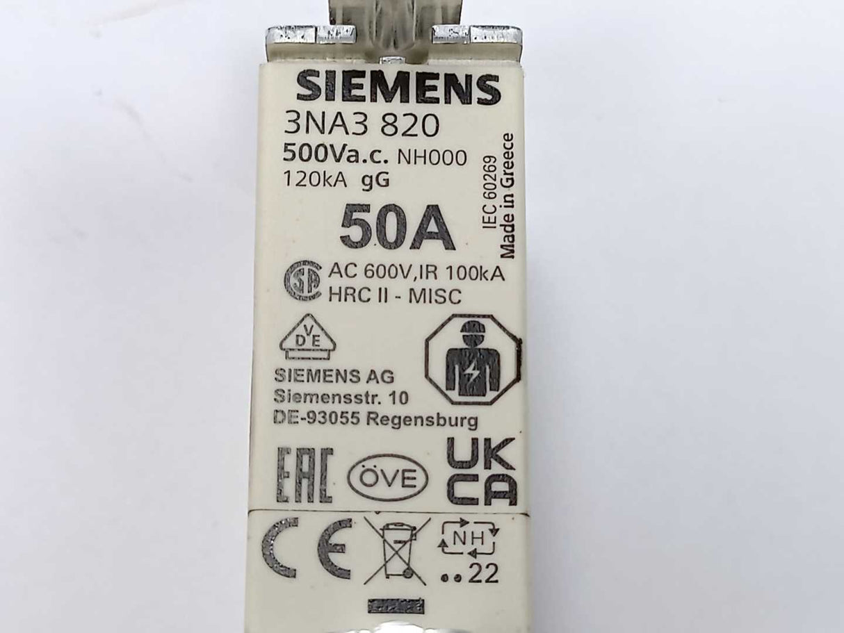 Siemens 3NA3 820 LV HRC fuse element NH000 50A