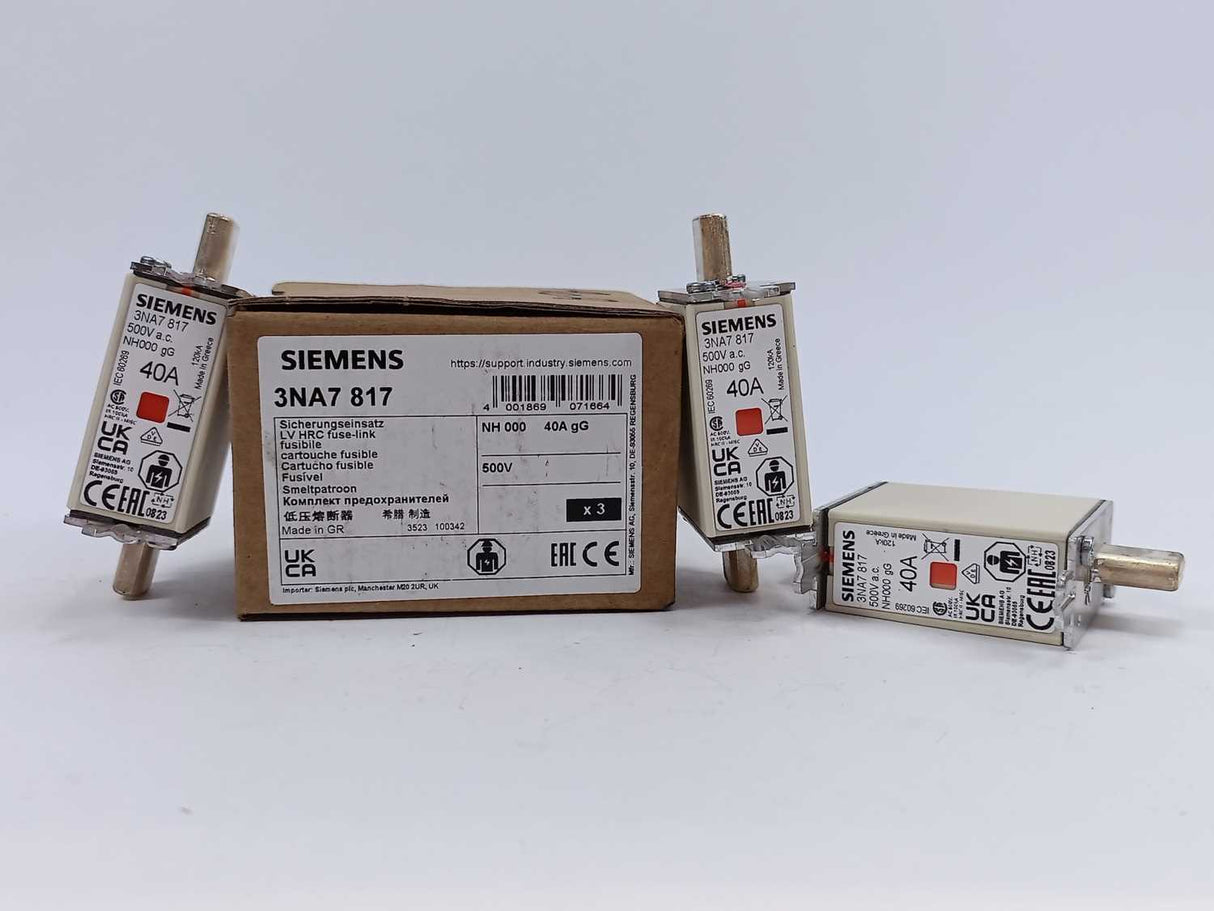 Siemens 3NA7817 LV HRC fuse element, 40A 3 Pcs. set