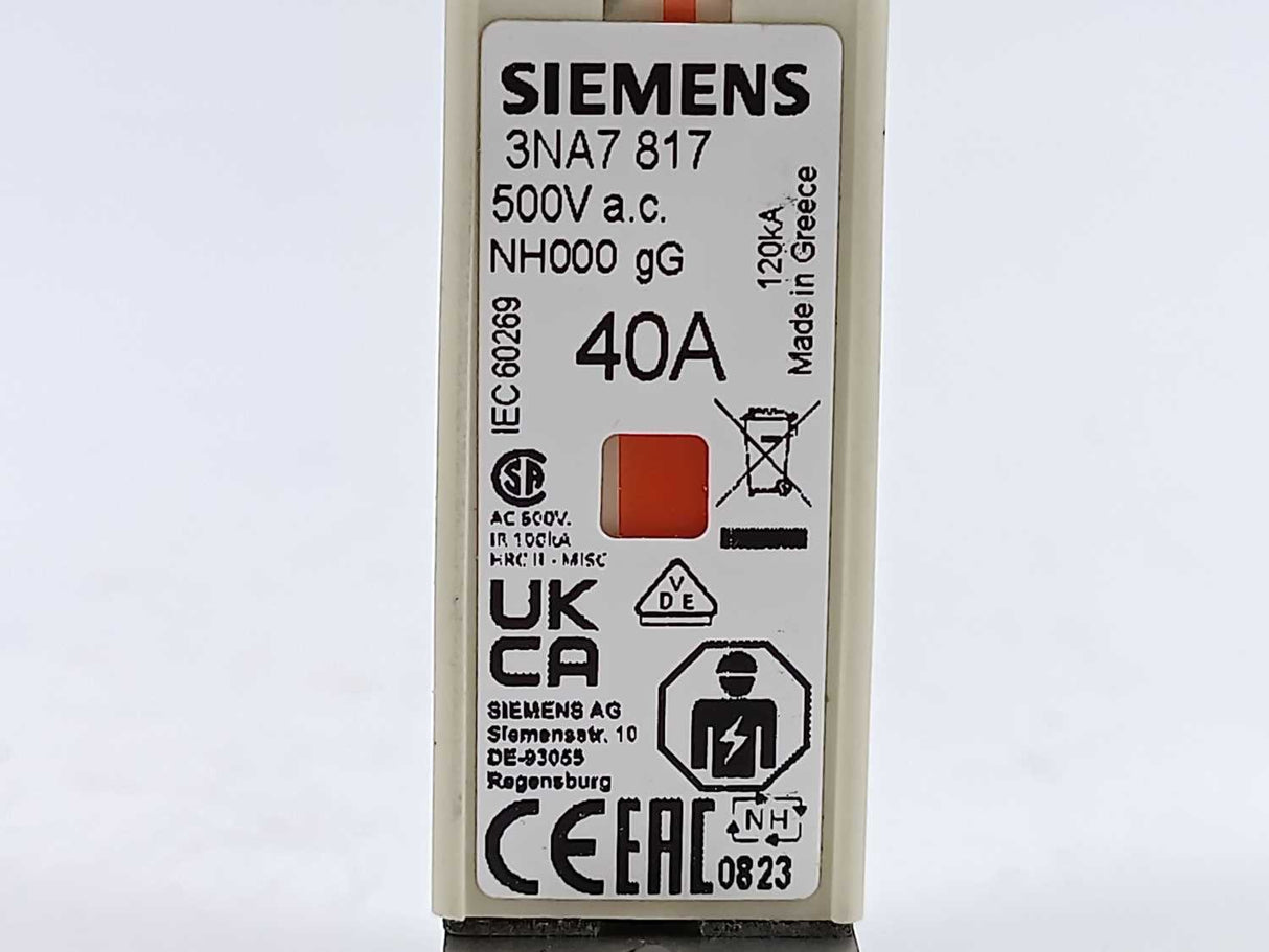 Siemens 3NA7817 LV HRC fuse element, 40A 3 Pcs. set