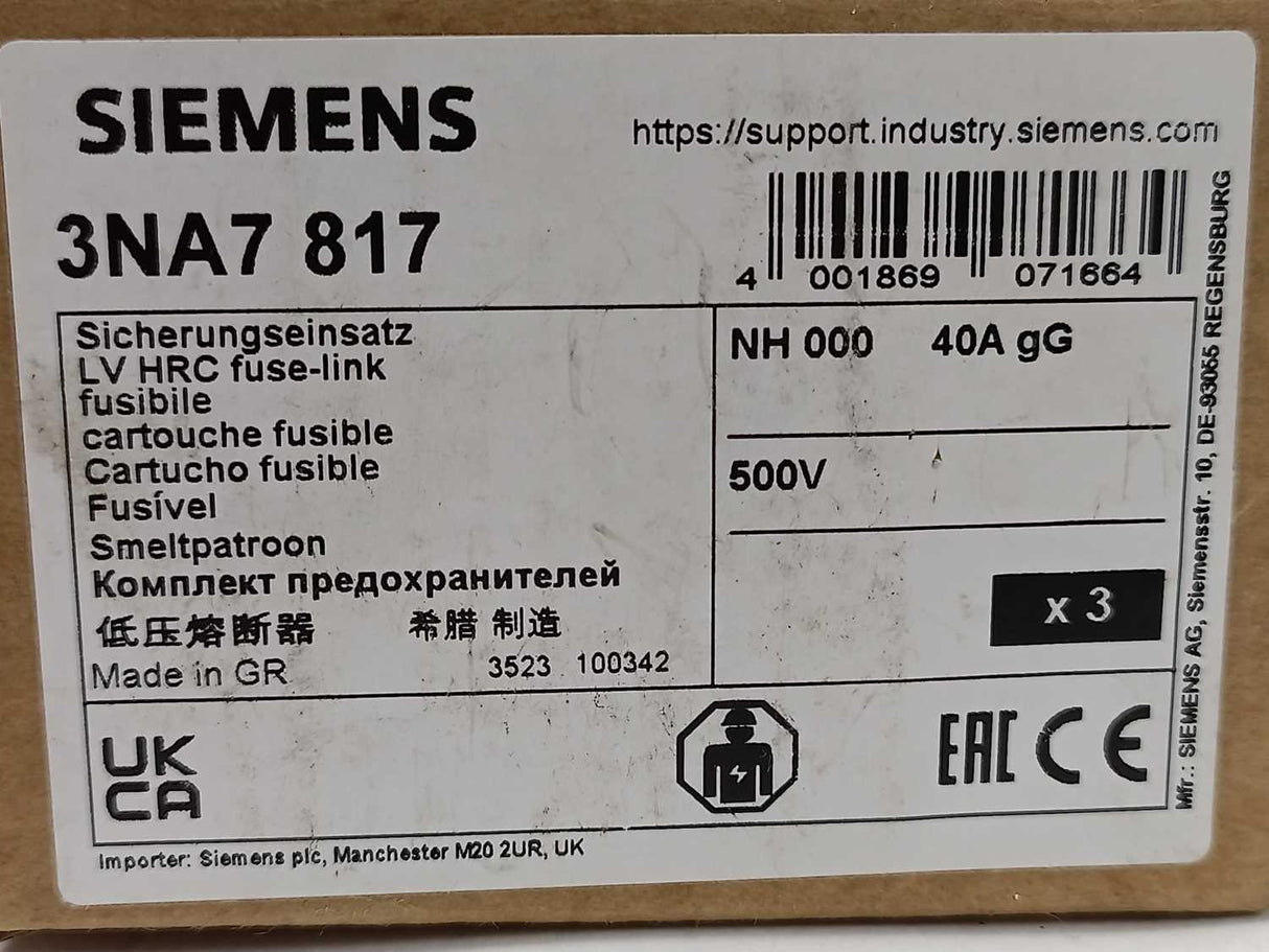 Siemens 3NA7817 LV HRC fuse element, 40A 3 Pcs. set