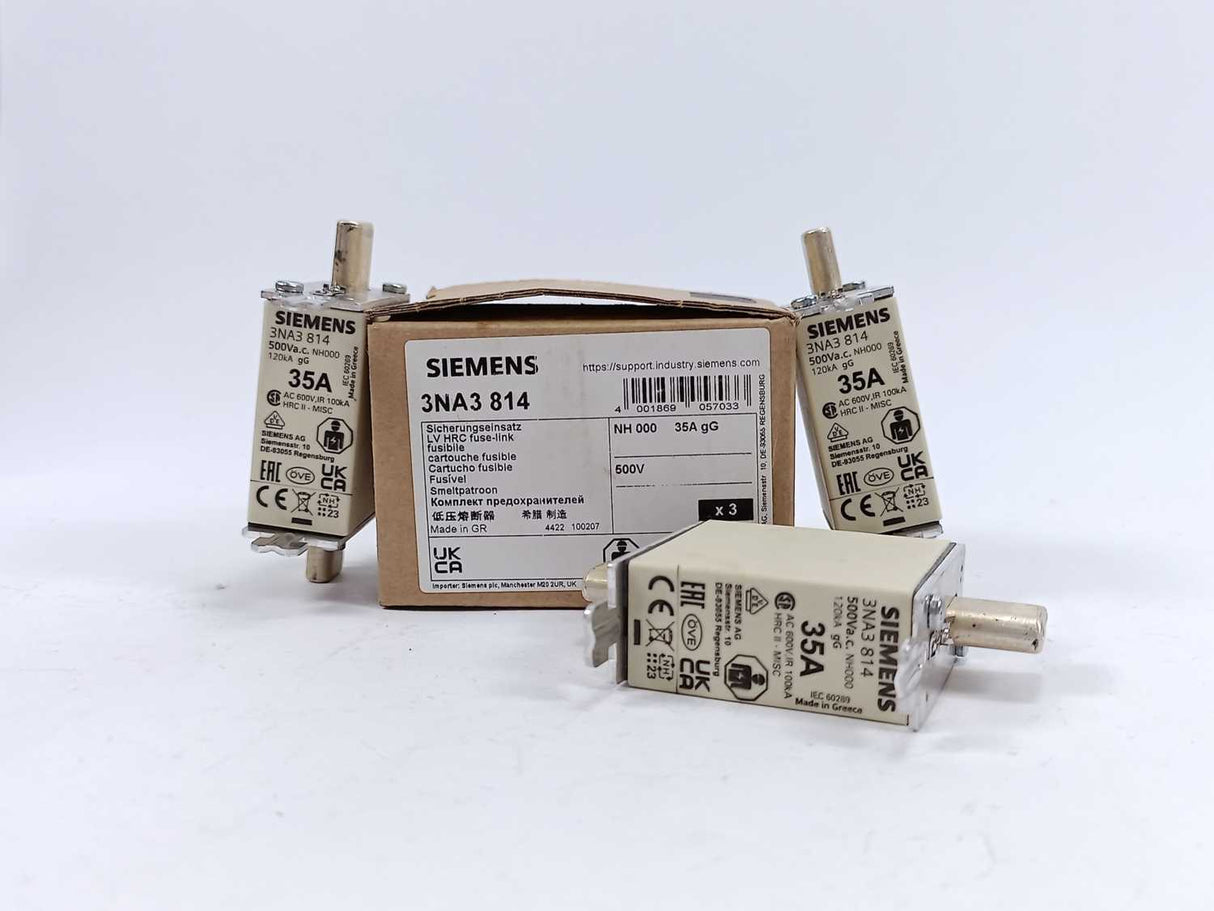 Siemens 3NA3 814 Fuse 35A 500V NH000 gG 3 Pcs