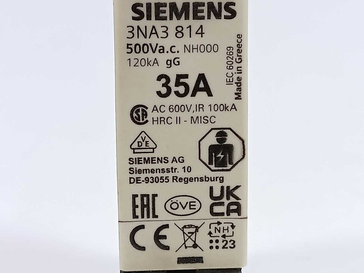 Siemens 3NA3 814 Fuse 35A 500V NH000 gG 3 Pcs