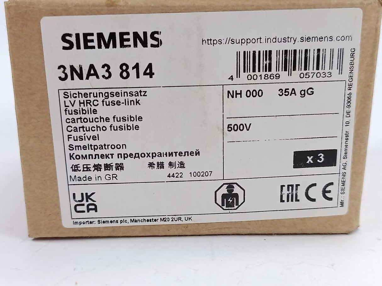 Siemens 3NA3 814 Fuse 35A 500V NH000 gG 3 Pcs