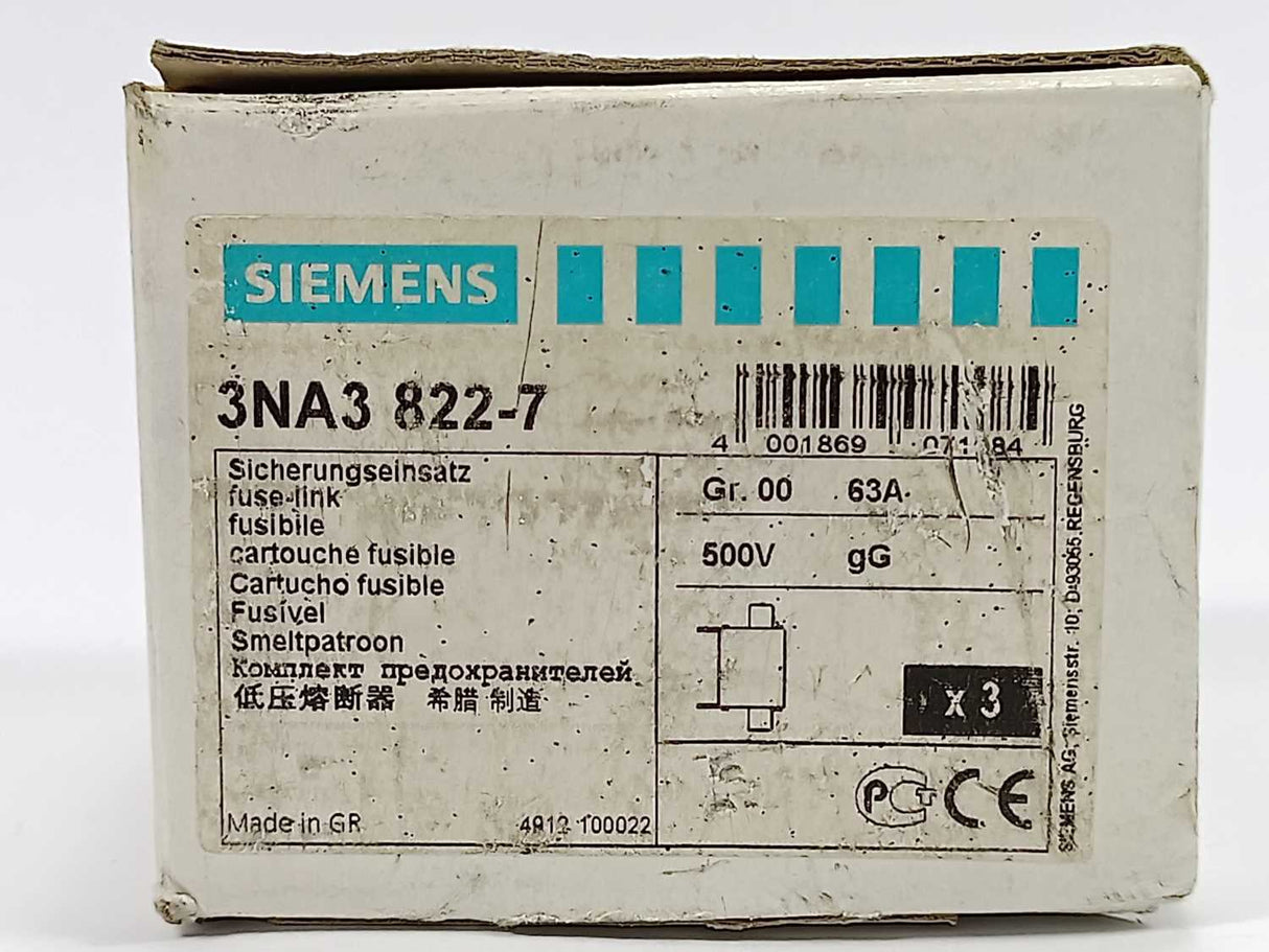 Siemens 3NA3 822-7 Fuse-link 3 Pieces LV HRC fuse element, 63A