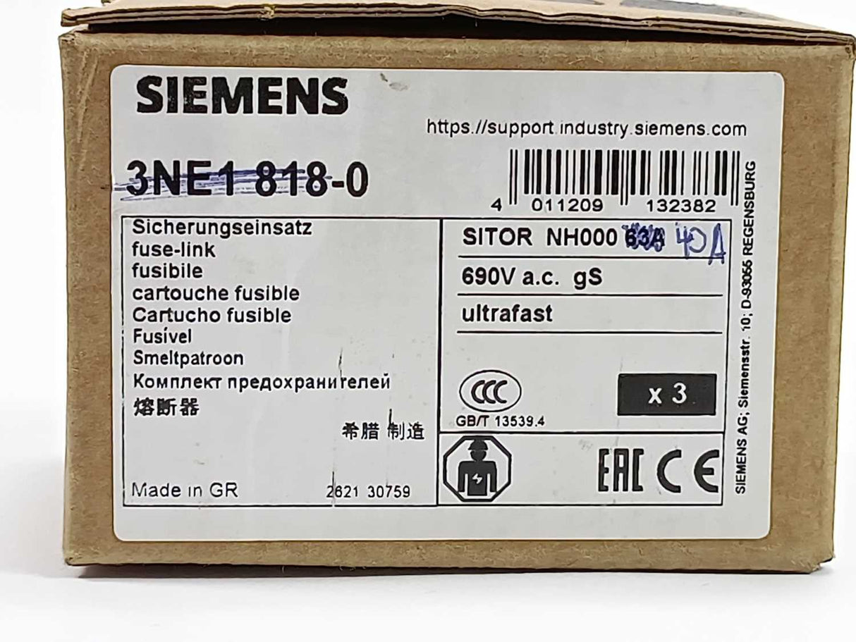 Siemens 3NE1 818-0 Sitor fuse 63A 690V 3 Pcs.